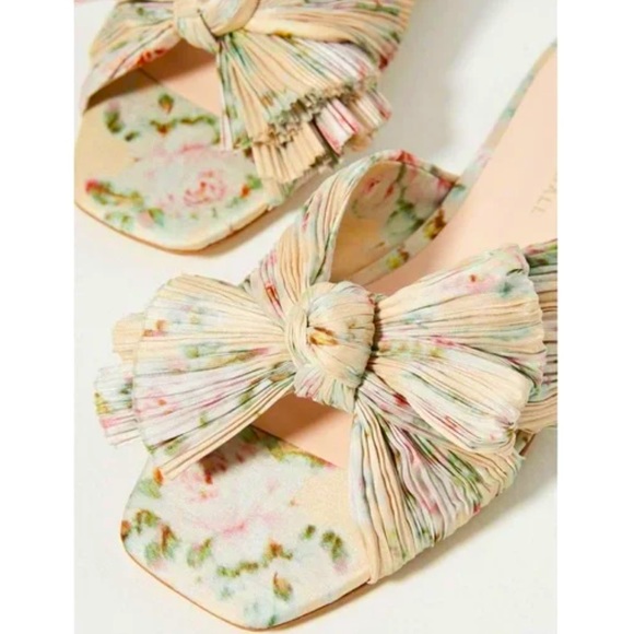 New Loeffler Randall BHLDN Daphne Pleated Bow 7 Beige Floral Knotted Slide Flat - Picture 3 of 6